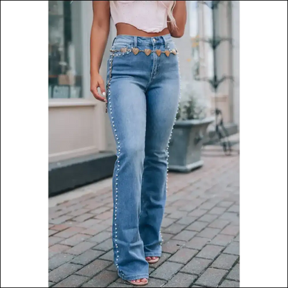 Pearl Trim High Waist Bootcut Jeans: Because Basic is Boring Darling! 💃✨ - Beau Blue / 6 - Jeans on Sale Worldwide Shipping