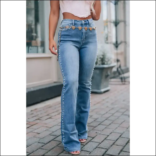 Pearl Trim High Waist Bootcut Jeans: Because Basic is Boring Darling! 💃✨ - Beau Blue / 6 - Jeans on Sale Worldwide Shipping