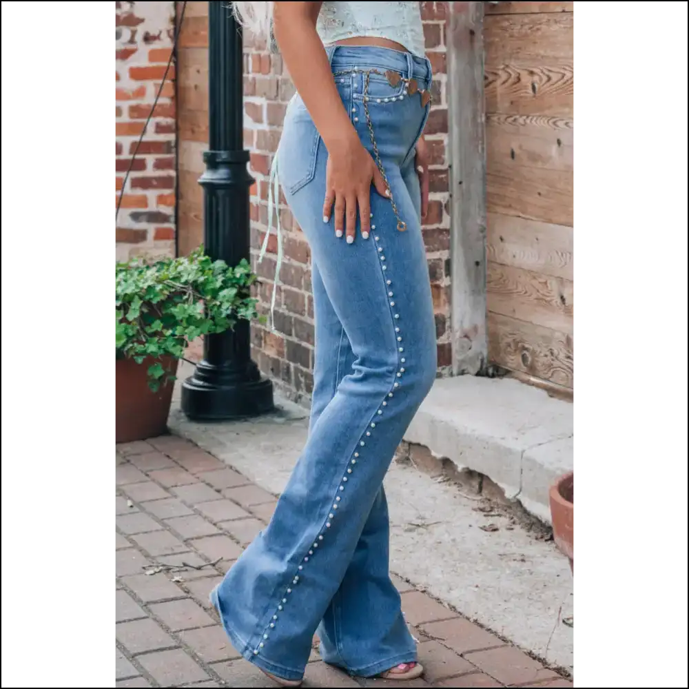 Pearl Trim High Waist Bootcut Jeans: Because Basic is Boring Darling! 💃✨ - Jeans on Sale Worldwide Shipping