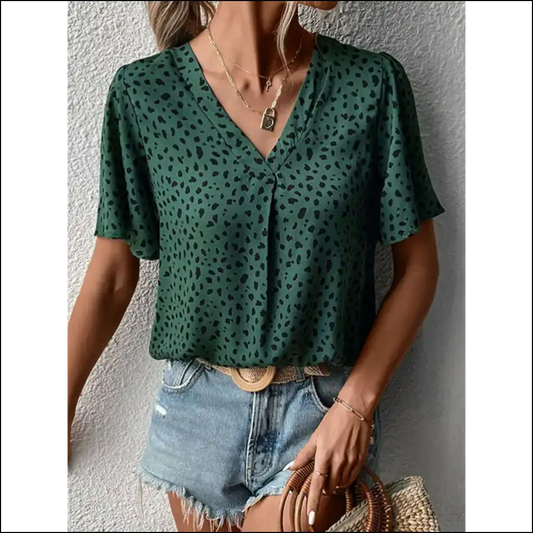 Perfee Chic Leopard Print V-neck Flutter Sleeve Blouse - Green / l - Blouses on Sale Worldwide Shipping
