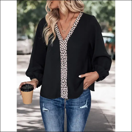 Perfee Contrast V-neck Long Sleeve Blouse - Black / l - Blouses on Sale Worldwide Shipping