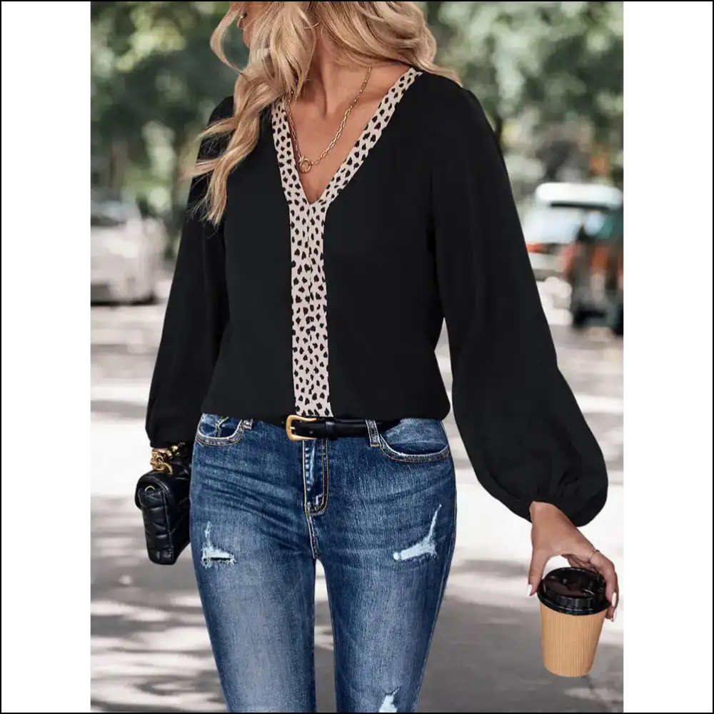 Perfee Contrast V-neck Long Sleeve Blouse - Blouses on Sale Worldwide Shipping