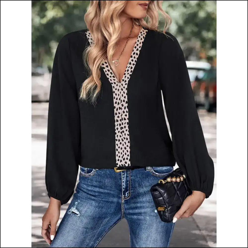 Perfee Contrast V-neck Long Sleeve Blouse - Blouses on Sale Worldwide Shipping