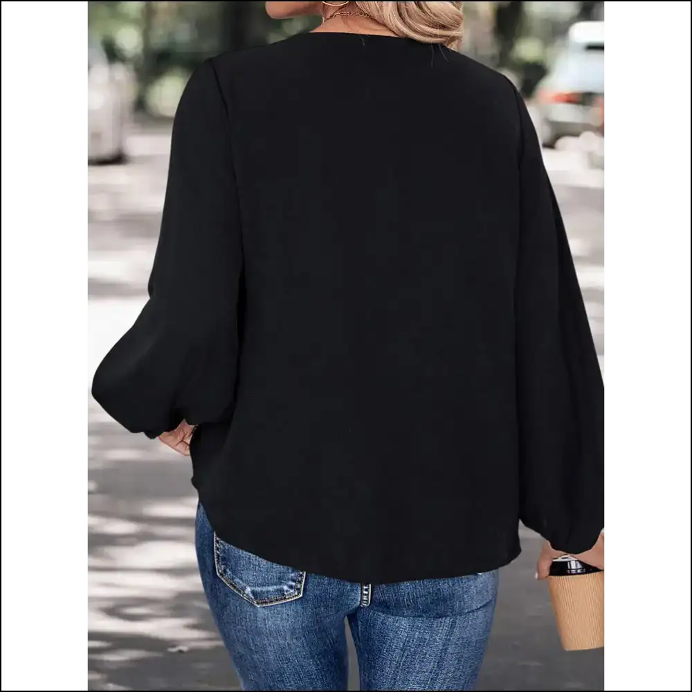 Perfee Contrast V-neck Long Sleeve Blouse - Blouses on Sale Worldwide Shipping