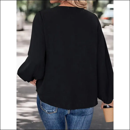 Perfee Contrast V-neck Long Sleeve Blouse - Blouses on Sale Worldwide Shipping