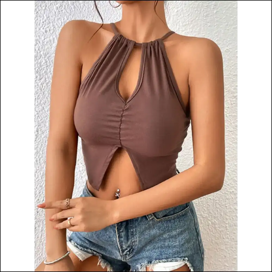 Perfee Crisscross Tie Back Slit Sleeveless Top - Mocha / m - Tank Tops on Sale Worldwide Shipping