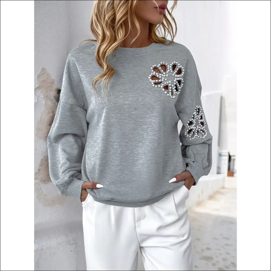 Perfee Cutout Pearl Round Neck Sweatshirt - Gray / s - Sweatshirts & Hoodies on Sale Worldwide Shipping