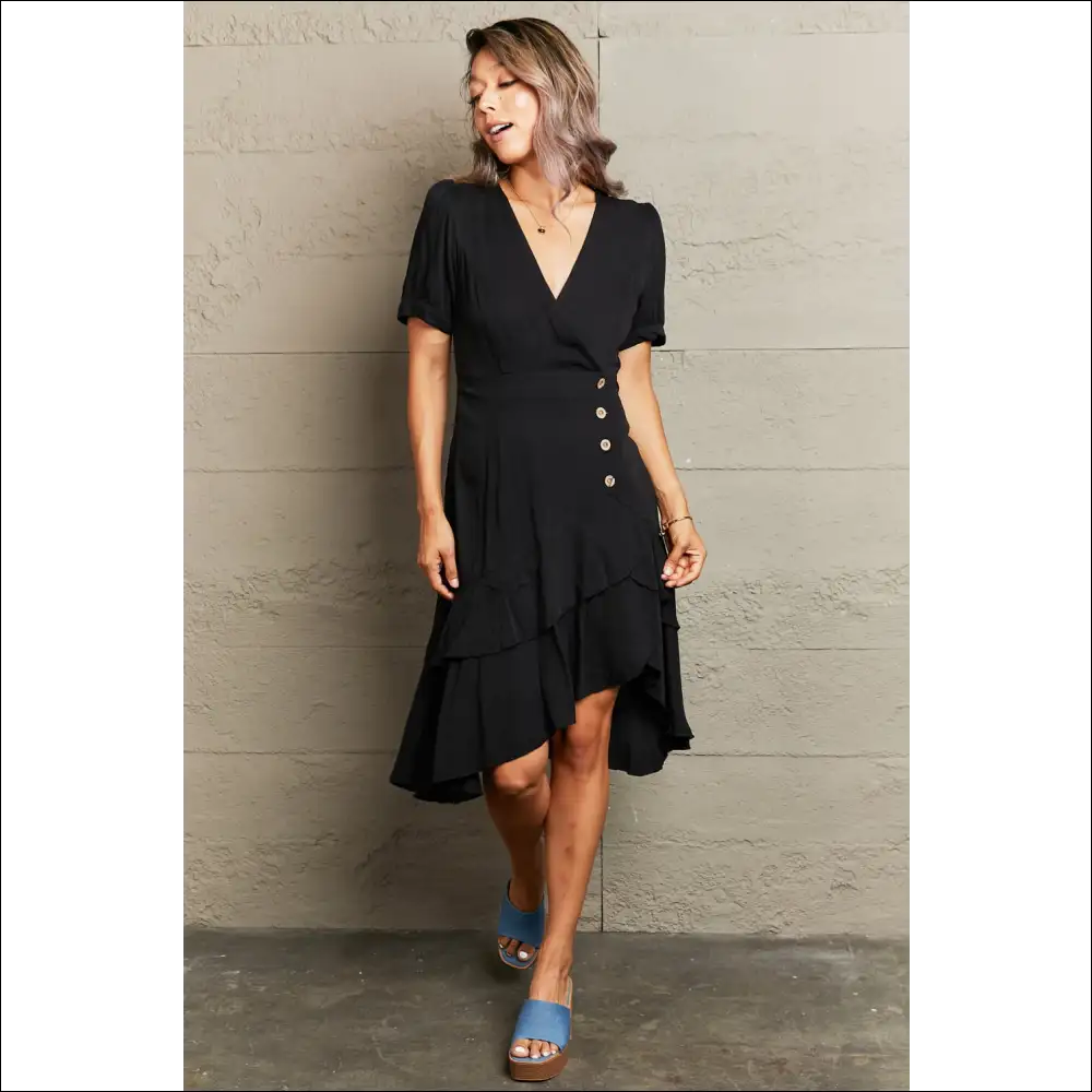 Perfee Ruffle Hem Surplice Dress - Black / m - Dresses on Sale Worldwide Shipping