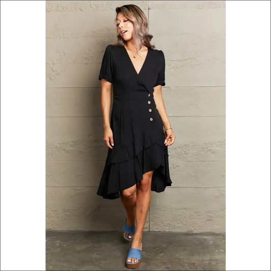 Perfee Ruffle Hem Surplice Dress - Black / m - Dresses on Sale Worldwide Shipping