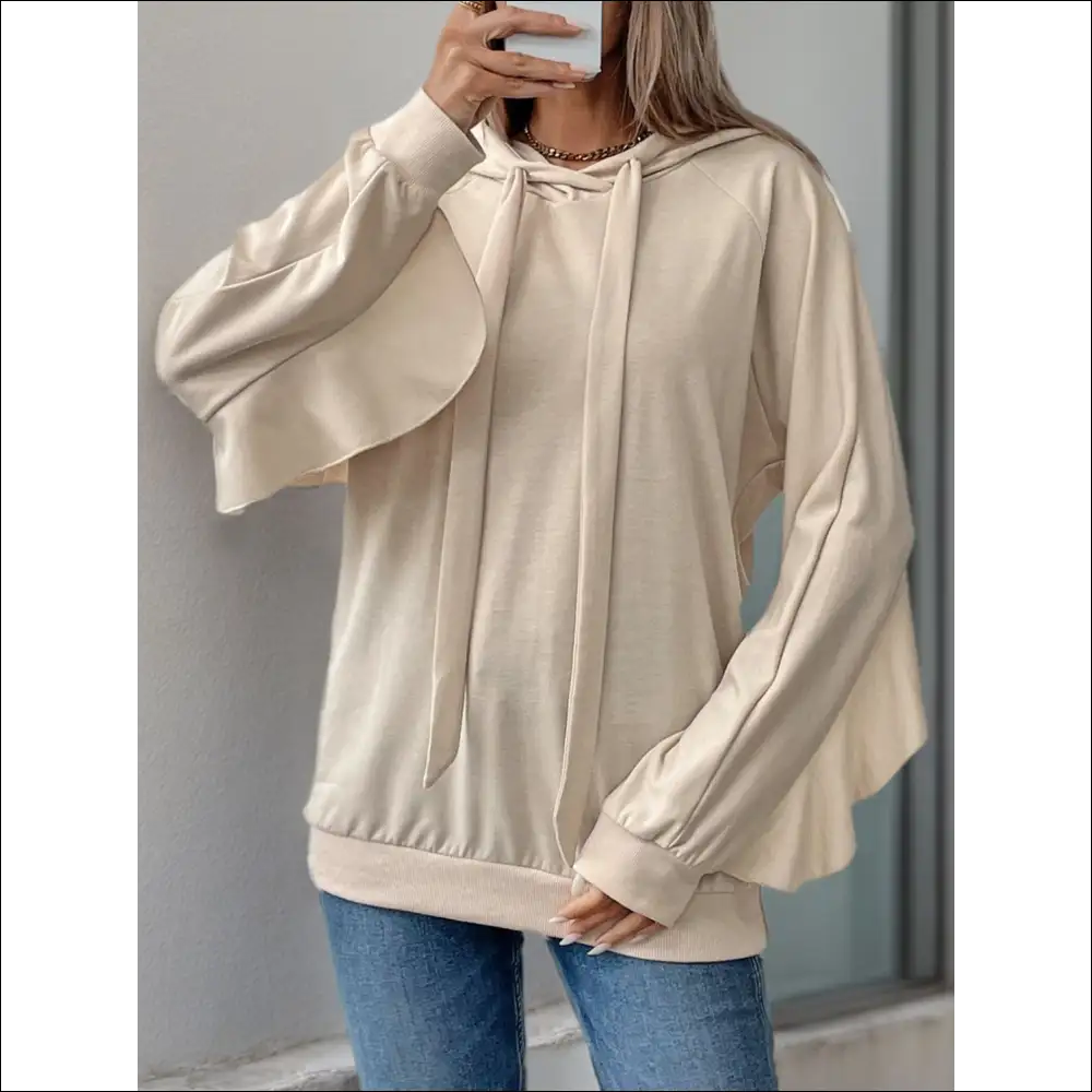 Perfee Ruffled Long Sleeve Hoodie with Drawstring - Sweatshirts & Hoodies on Sale Worldwide Shipping
