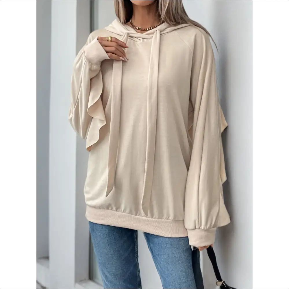 Perfee Ruffled Long Sleeve Hoodie with Drawstring - Sweatshirts & Hoodies on Sale Worldwide Shipping