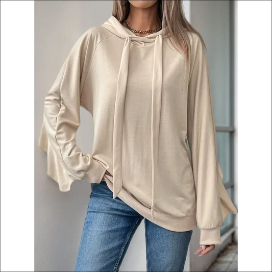 Perfee Ruffled Long Sleeve Hoodie with Drawstring - Tan / s - Sweatshirts & Hoodies on Sale Worldwide Shipping