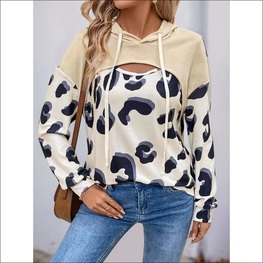 Perfee Faux Layered Long Sleeve Drawstring Hoodie - Cream / l - Hoodies Sweatshirts & on Sale Worldwide Shipping