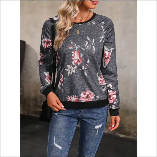 Perfee Floral Round Neck Raglan Sleeve Sweatshirt - Dark / s - Sweatshirts & Hoodies on Sale Worldwide Shipping