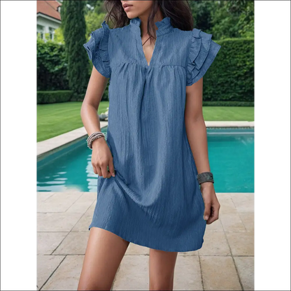 Perfee Frill Notched Flounce Sleeve Mini Dress - Blue / s - Dresses on Sale Worldwide Shipping