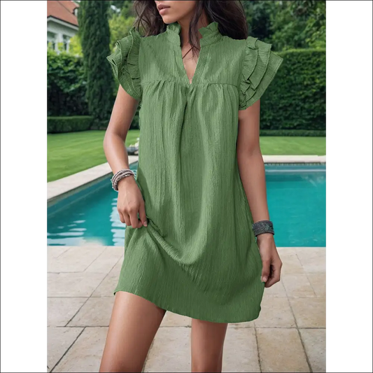 Perfee Frill Notched Flounce Sleeve Mini Dress - Green / m - Dresses on Sale Worldwide Shipping