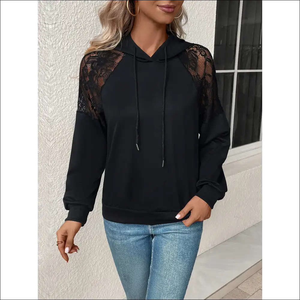 Perfee Lace Detail Drawstring Long Sleeve Hoodie - Hoodies Sweatshirts & on Sale Worldwide Shipping
