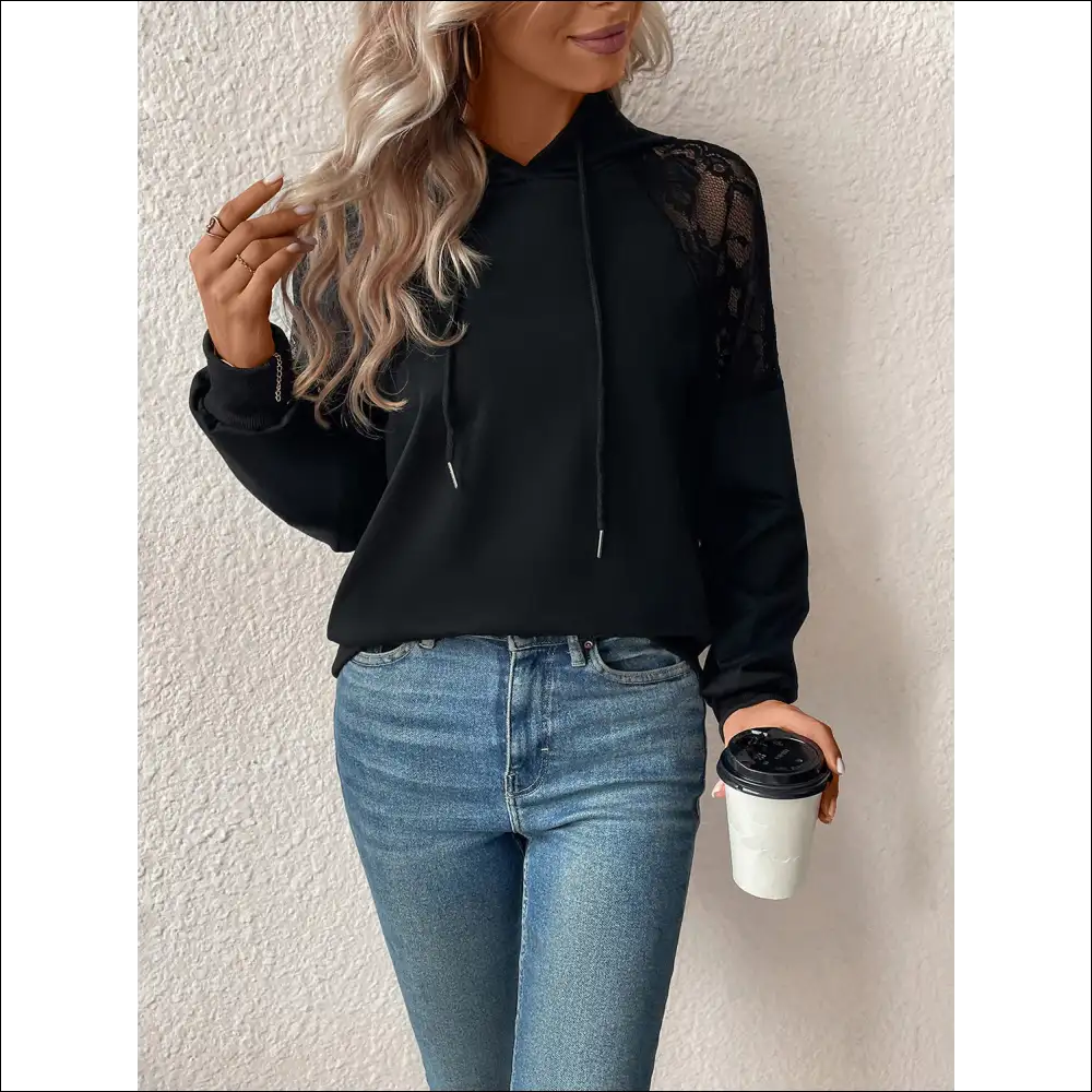 Perfee Lace Detail Drawstring Long Sleeve Hoodie - Hoodies Sweatshirts & on Sale Worldwide Shipping