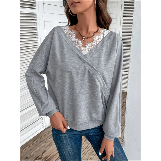 Perfee Lace Detail Long Sleeve Top - Light / m - Blouses on Sale Worldwide Shipping