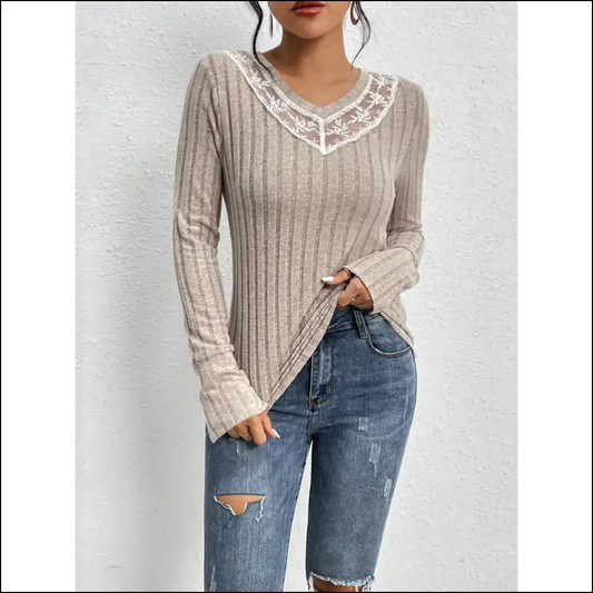 Perfee Lace Detail Ribbed V-neck Long Sleeve Top - Mocha / m - Blouses on Sale Worldwide Shipping