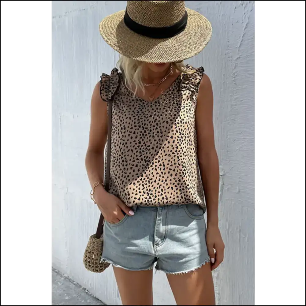 Perfee Leopard Frill Trim V-neck Tank - Tops on Sale Worldwide Shipping