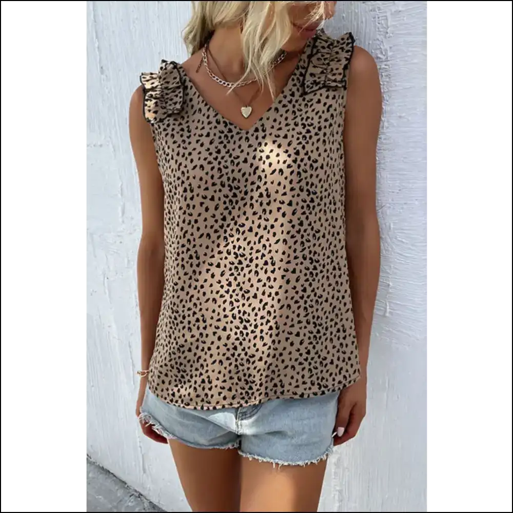 Perfee Leopard Frill Trim V-neck Tank - Tops on Sale Worldwide Shipping
