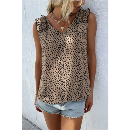 Perfee Leopard Frill Trim V-neck Tank - Tops on Sale Worldwide Shipping