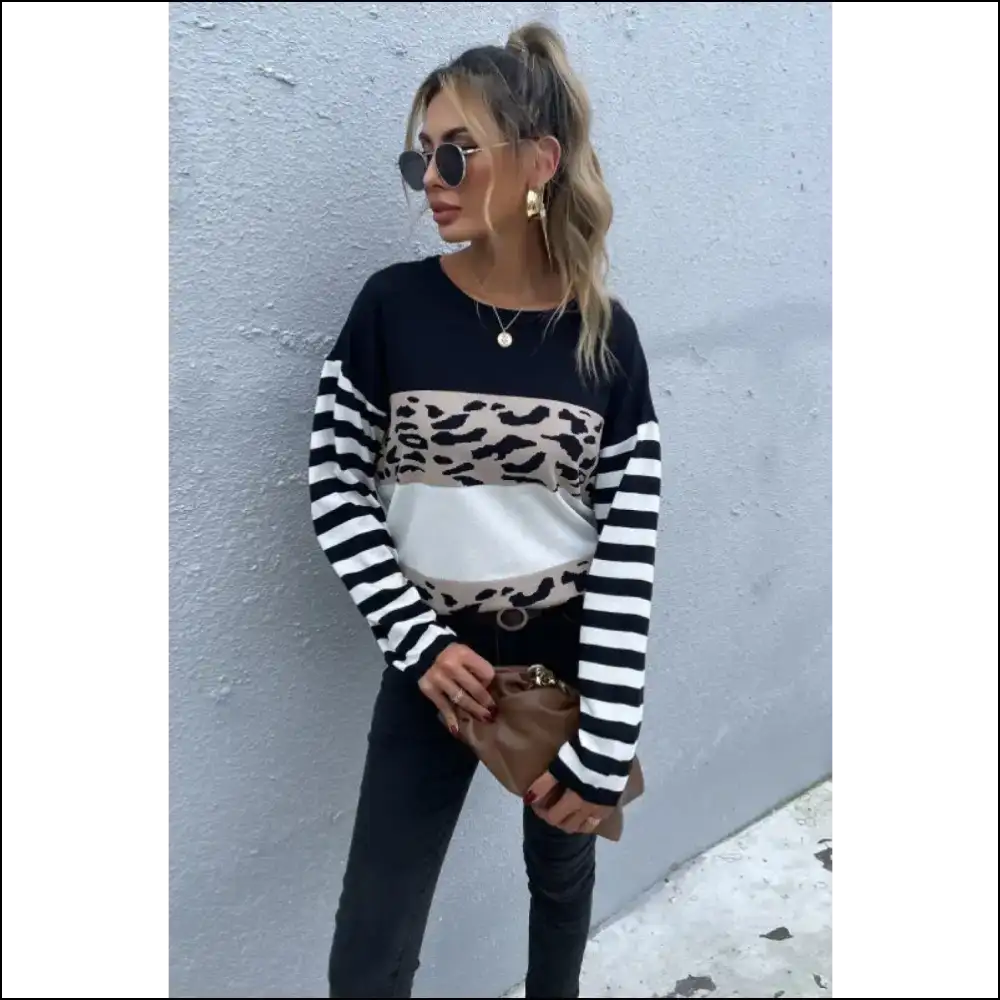 Perfee Mixed Print Color Block Knitted Pullover - Black / s - Sweatshirts & Hoodies on Sale Worldwide Shipping