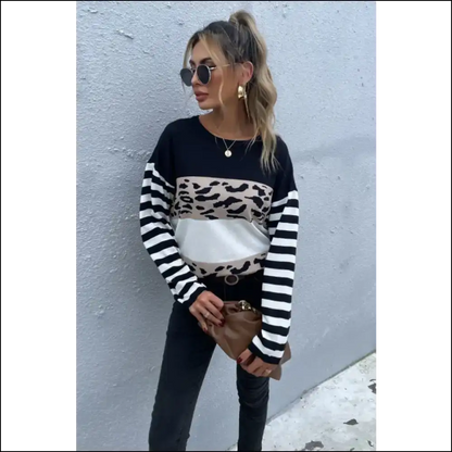Perfee Mixed Print Color Block Knitted Pullover - Black / s - Sweatshirts & Hoodies on Sale Worldwide Shipping