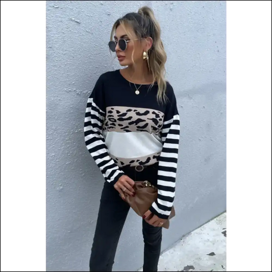 Perfee Mixed Print Color Block Knitted Pullover - Black / s - Sweatshirts & Hoodies on Sale Worldwide Shipping