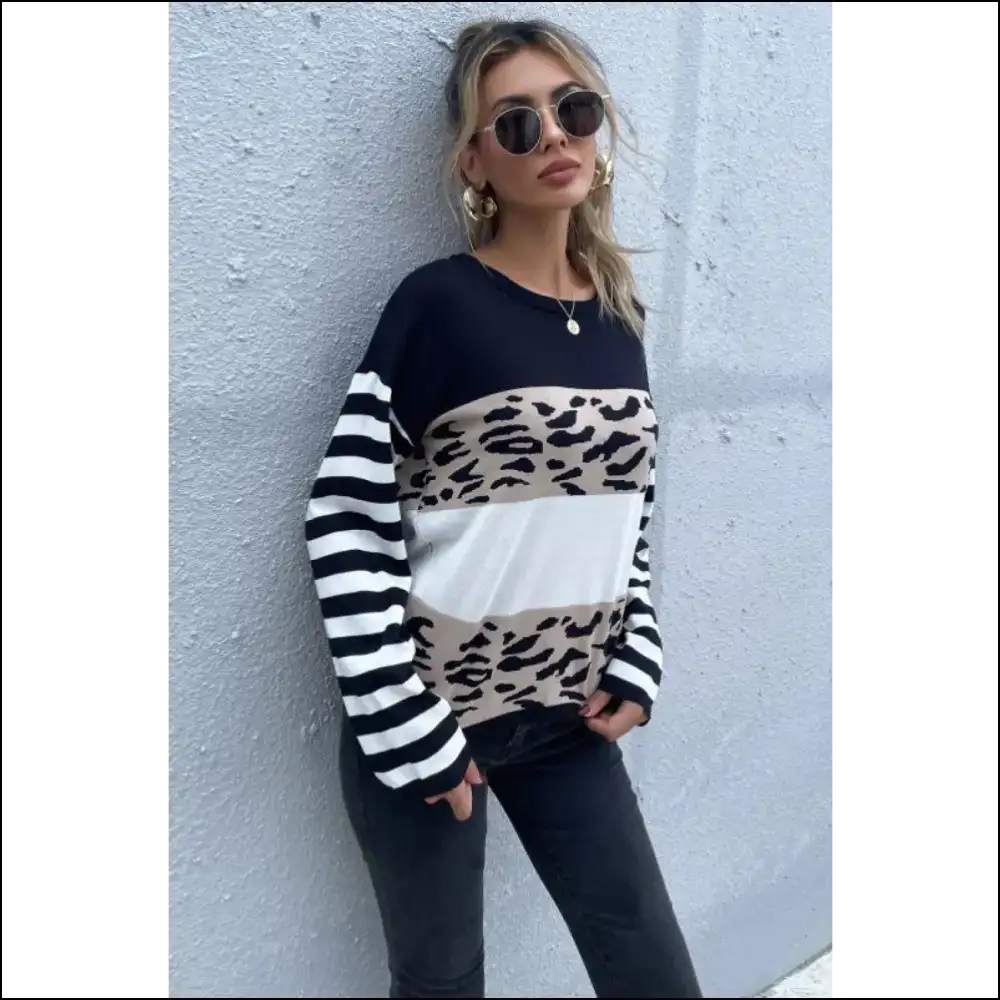 Perfee Mixed Print Color Block Knitted Pullover - Sweatshirts & Hoodies on Sale Worldwide Shipping