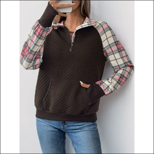 Perfee Plaid Half Zip Long Sleeve Sweatshirt - Chocolate / m - Sweatshirts & Hoodies on Sale Worldwide Shipping