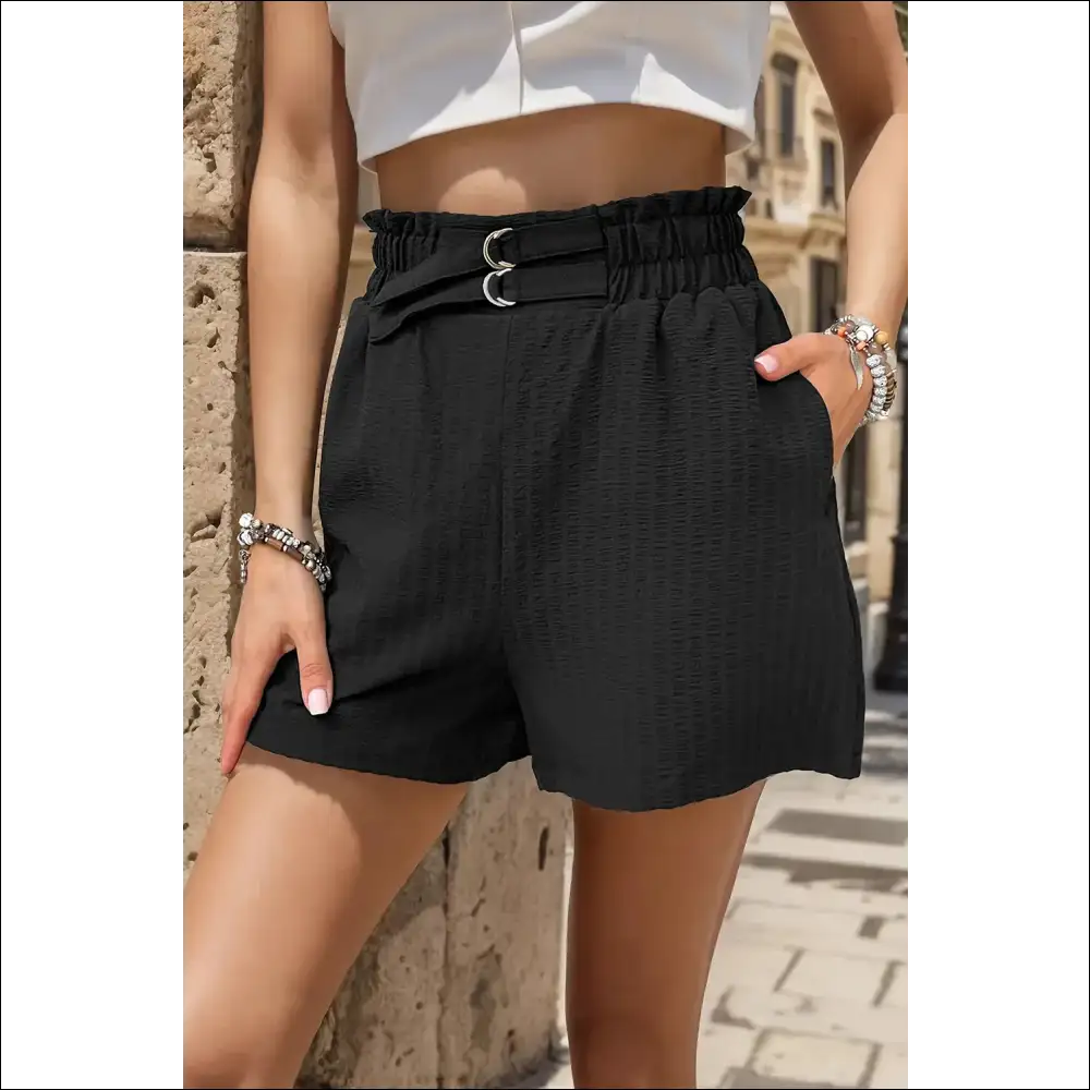 Perfee Pocketed Double Buckle High Waist Shorts - Black / l - on Sale Worldwide Shipping