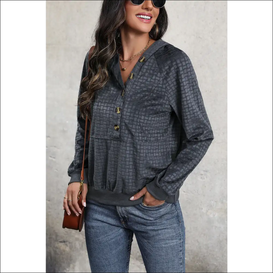 Perfee Printed Half Button Long Sleeve Hoodie - Dark Blue / m - Hoodies Sweatshirts & on Sale Worldwide Shipping