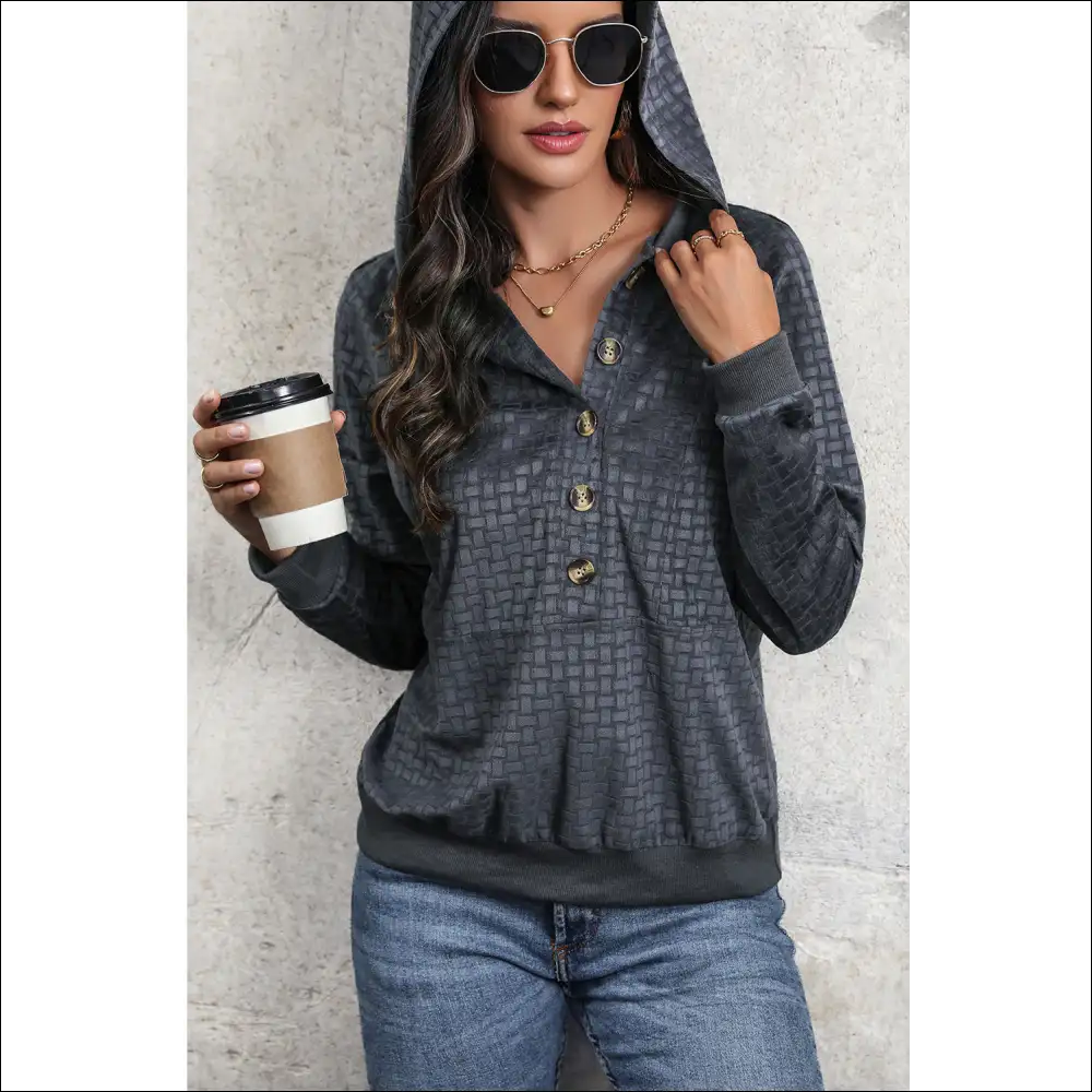 Perfee Printed Half Button Long Sleeve Hoodie - Hoodies Sweatshirts & on Sale Worldwide Shipping