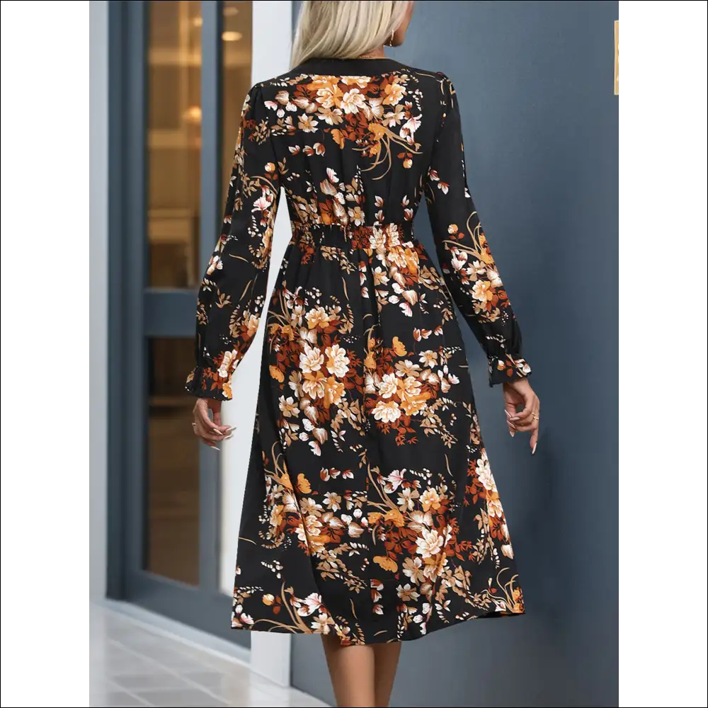 Perfee Printed Notched Long Sleeve Midi Dress - Dresses on Sale Worldwide Shipping