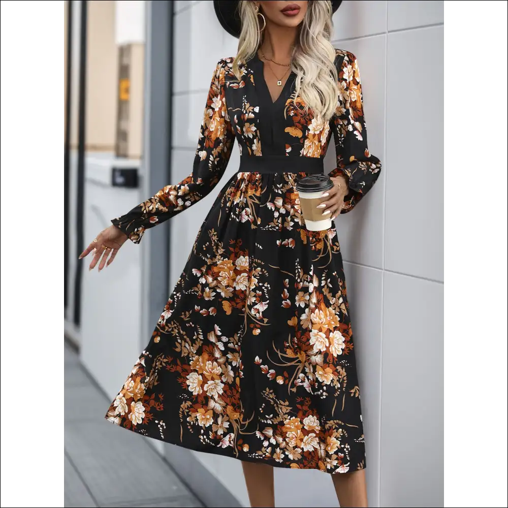 Perfee Printed Notched Long Sleeve Midi Dress - Dresses on Sale Worldwide Shipping