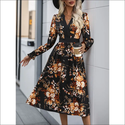 Perfee Printed Notched Long Sleeve Midi Dress - Dresses on Sale Worldwide Shipping