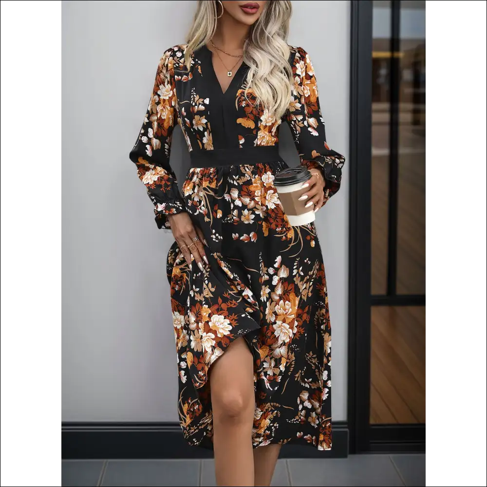 Perfee Printed Notched Long Sleeve Midi Dress - Dresses on Sale Worldwide Shipping