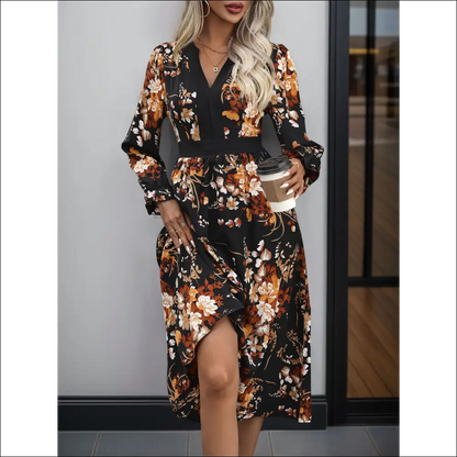 Perfee Printed Notched Long Sleeve Midi Dress - Dresses on Sale Worldwide Shipping