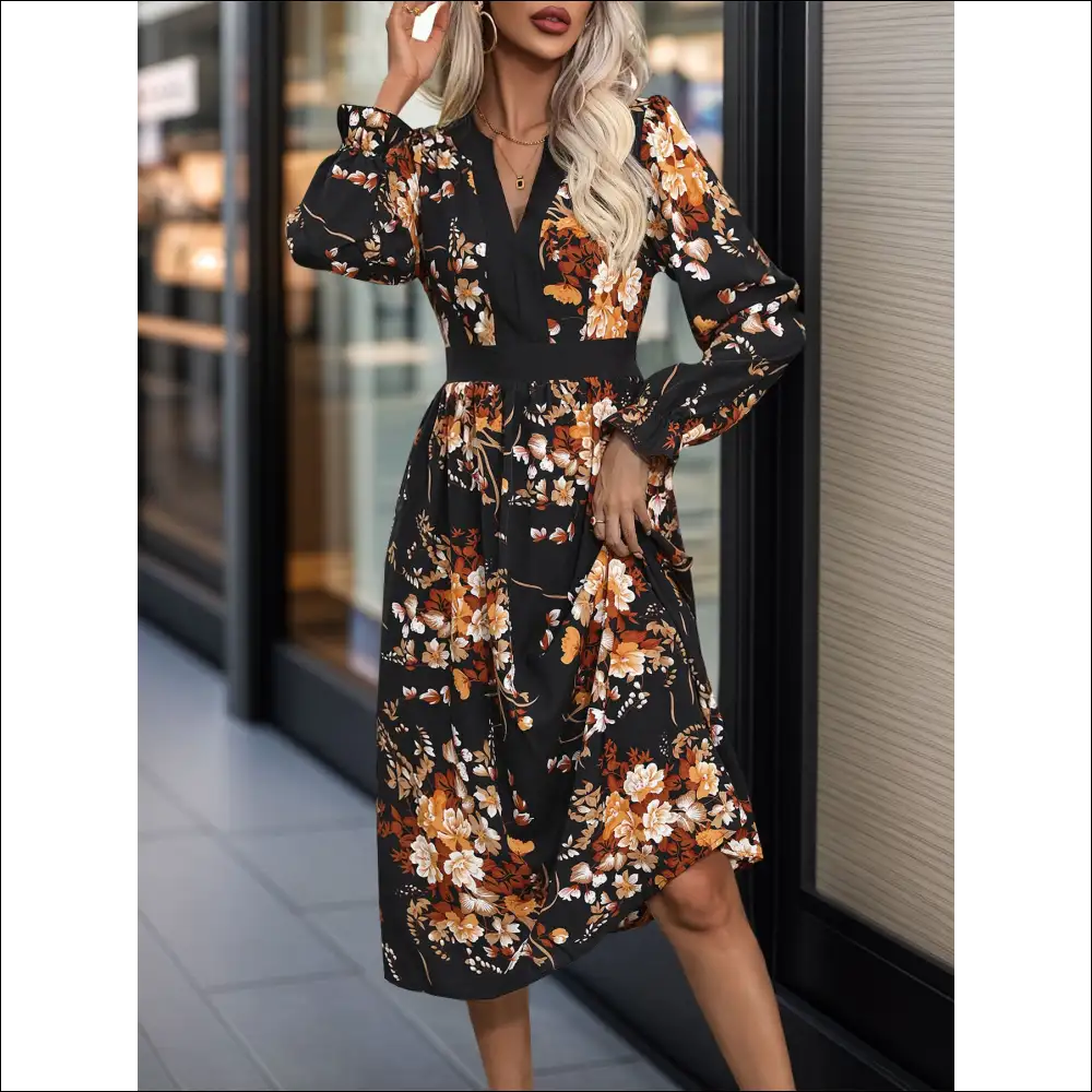 Perfee Printed Notched Long Sleeve Midi Dress - Dresses on Sale Worldwide Shipping