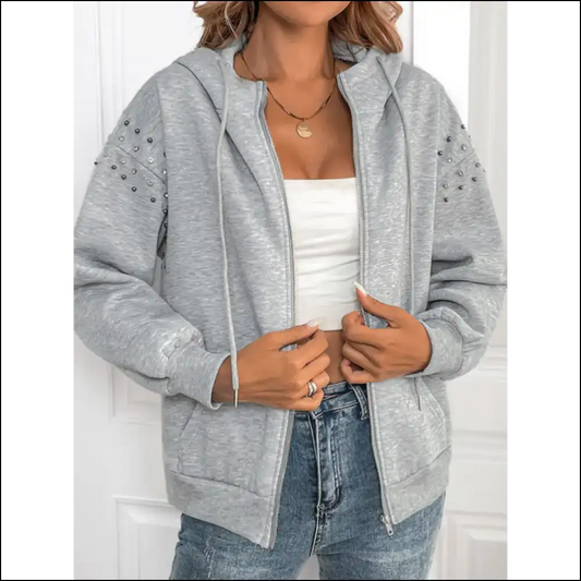 Perfee Rhinestone Zip Up Long Sleeve Hoodie - Light Gray / s - Hoodies Sweatshirts & on Sale Worldwide Shipping