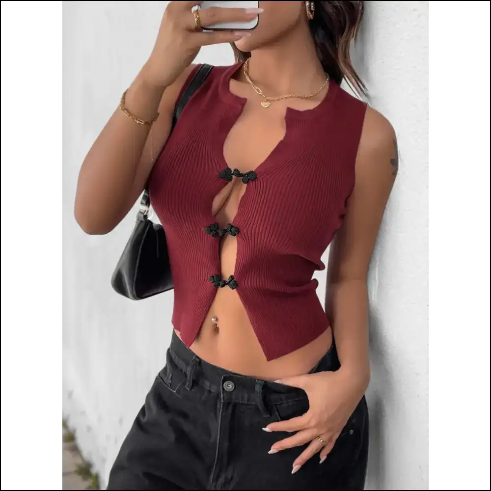 Perfee Ribbed Knot Button Cropped Tank - Tops on Sale Worldwide Shipping