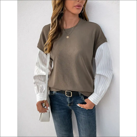 Perfee Chic Round Neck Striped Sleeve Sweatshirt - Mocha / s - Sweatshirts & Hoodies on Sale Worldwide Shipping