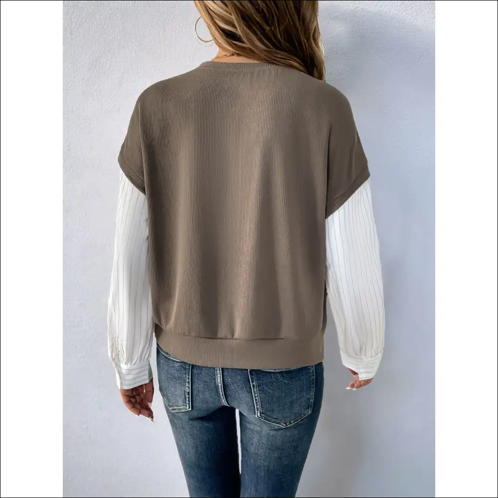 Perfee Chic Round Neck Striped Sleeve Sweatshirt - Sweatshirts & Hoodies on Sale Worldwide Shipping