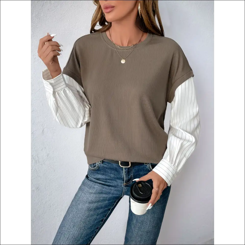 Perfee Chic Round Neck Striped Sleeve Sweatshirt - Sweatshirts & Hoodies on Sale Worldwide Shipping