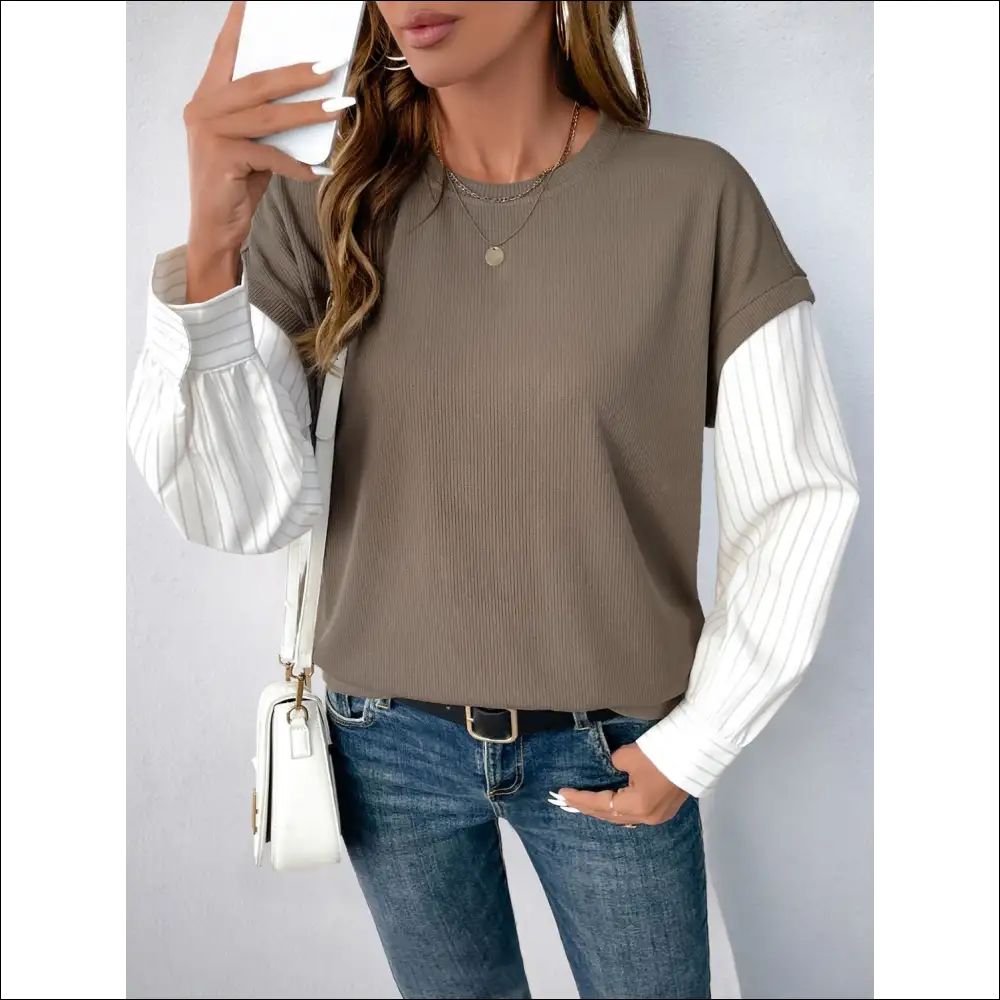 Perfee Chic Round Neck Striped Sleeve Sweatshirt - Sweatshirts & Hoodies on Sale Worldwide Shipping