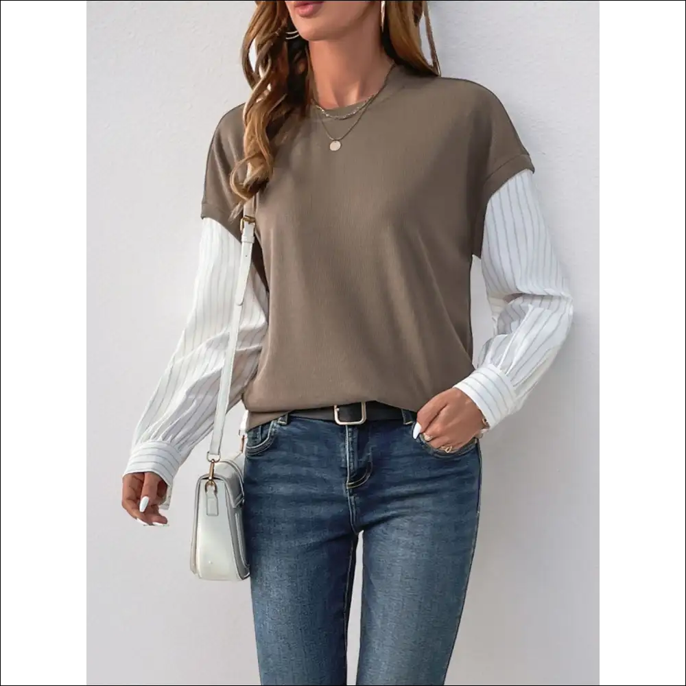 Perfee Chic Round Neck Striped Sleeve Sweatshirt - Sweatshirts & Hoodies on Sale Worldwide Shipping