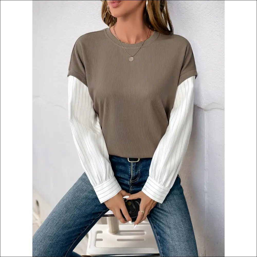 Perfee Chic Round Neck Striped Sleeve Sweatshirt - Sweatshirts & Hoodies on Sale Worldwide Shipping
