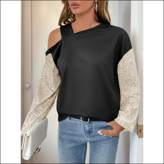 Perfee Sequin Asymmetrical Neck Long Sleeve Sweatshirt - Black / s - Sweatshirts & Hoodies on Sale Worldwide Shipping